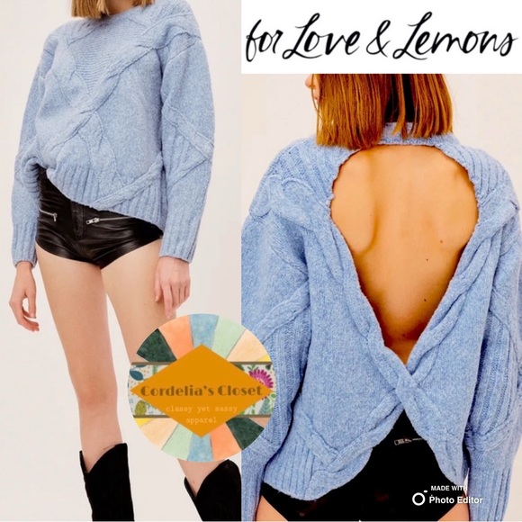 For Love And Lemons Sweaters - Like New! For Love & Lemons Blue Carly Open Twist Back Cable Knit Sweater Small